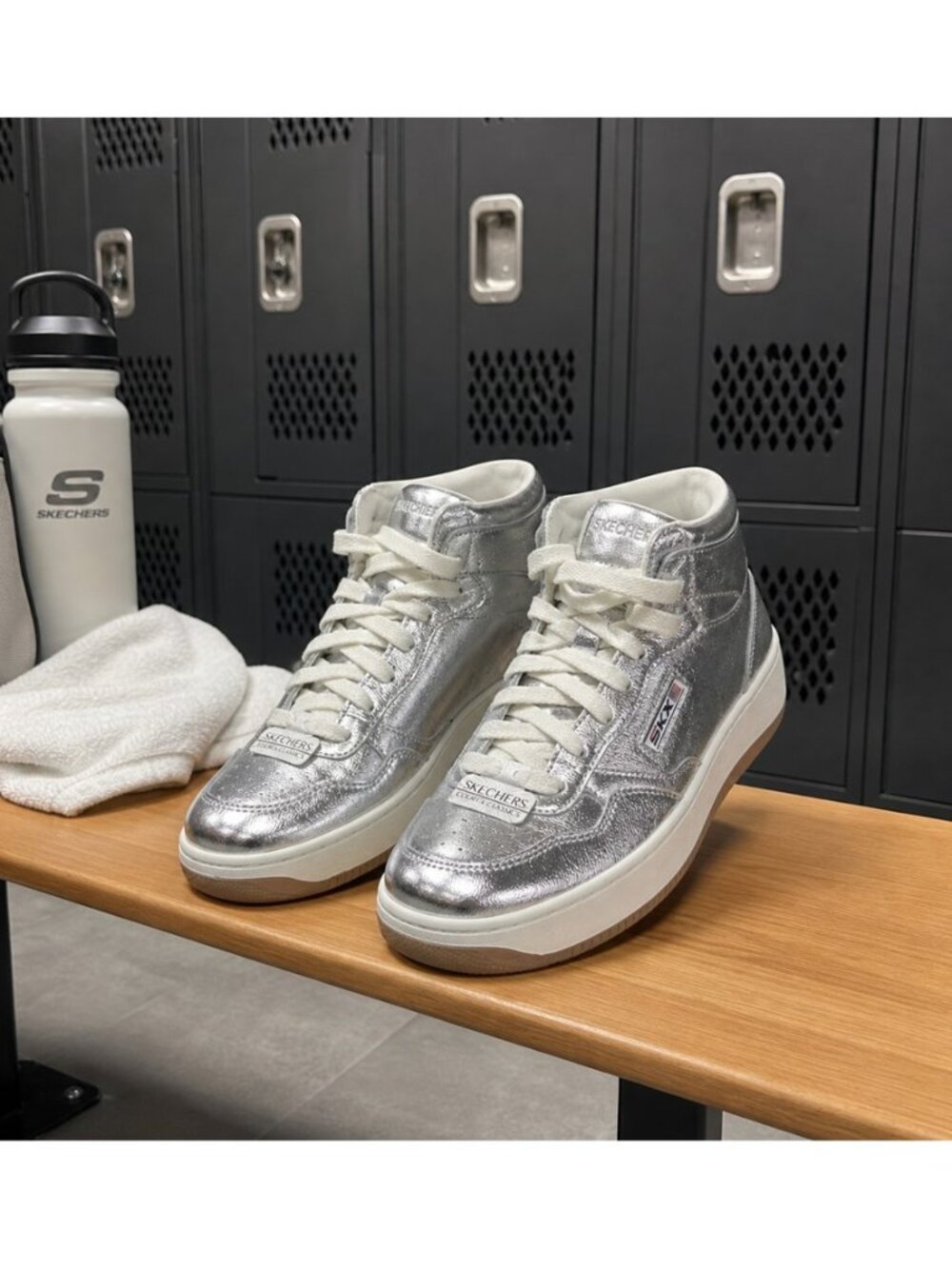 Skechers Court & Classics Metallic Silver High Top Sneakers Size 7.5 NWOT Memory